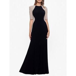 Xscape Lined Beaded Mesh Short Sleeve Sheath Gown Black/Nude/Silver 6 Petite NWT